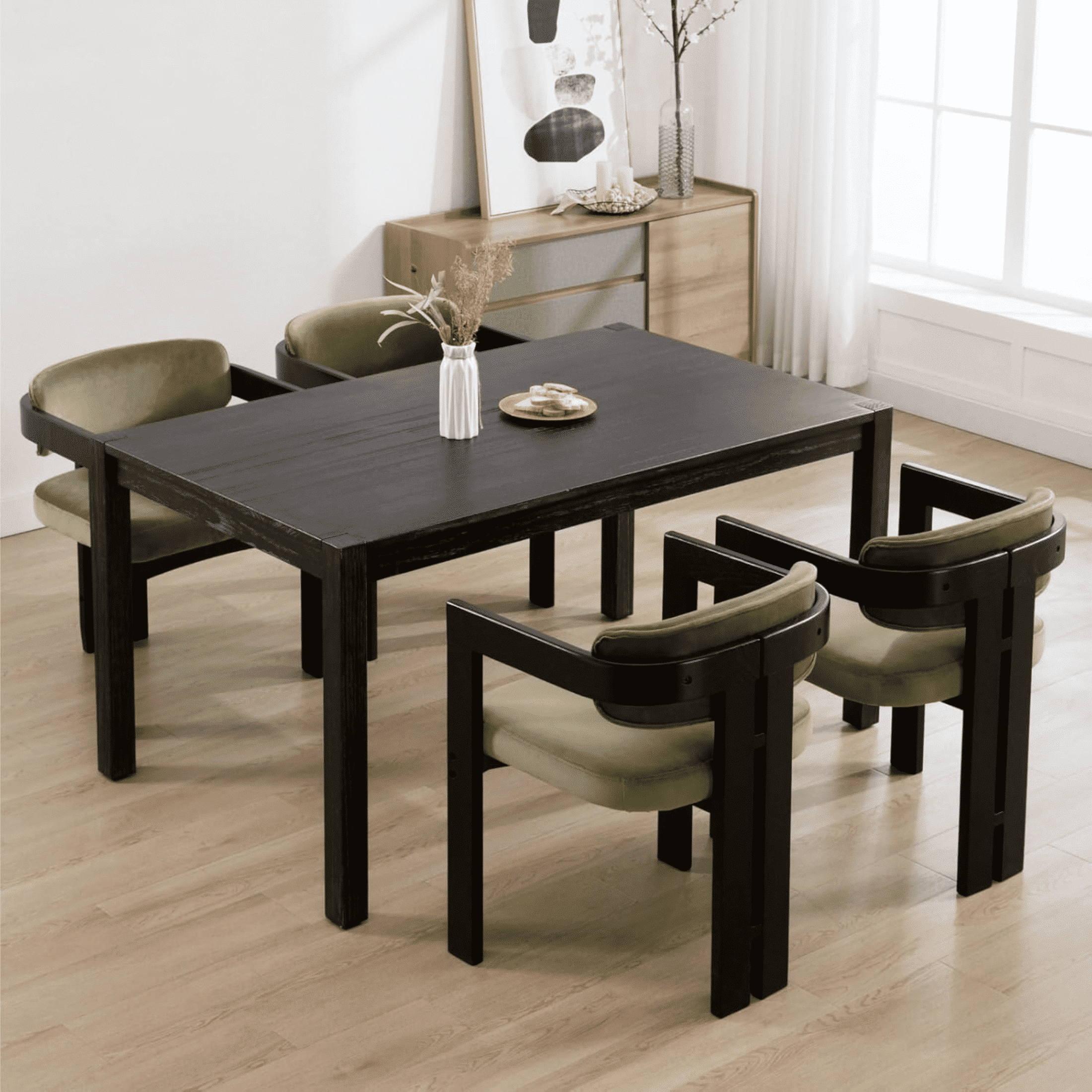 Guyou Velvet Dining Chairs - Set of 4, 24" Wide Barrel Back Armchairs for Dining Room & Kitchen, Modern Curved Back Chairs with Black Wood Frame, Olive Green