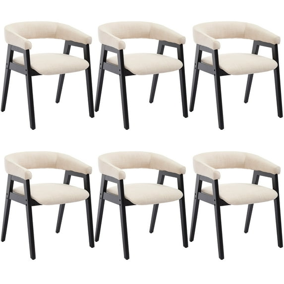 Guyou Modern Dining Chairs Set of 6, Linen Upholstered Wooden Kitchen Side Chairs, Barrel Armchair with Curved Backrest for Dining Room Kitchen Living Room, Beige