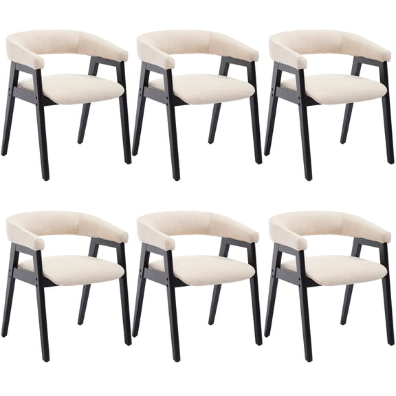 Guyou Modern Dining Chairs Set of 6, Linen Upholstered Wooden Kitchen Side Chairs, Barrel Armchair with Curved Backrest for Dining Room Kitchen Living Room, Beige