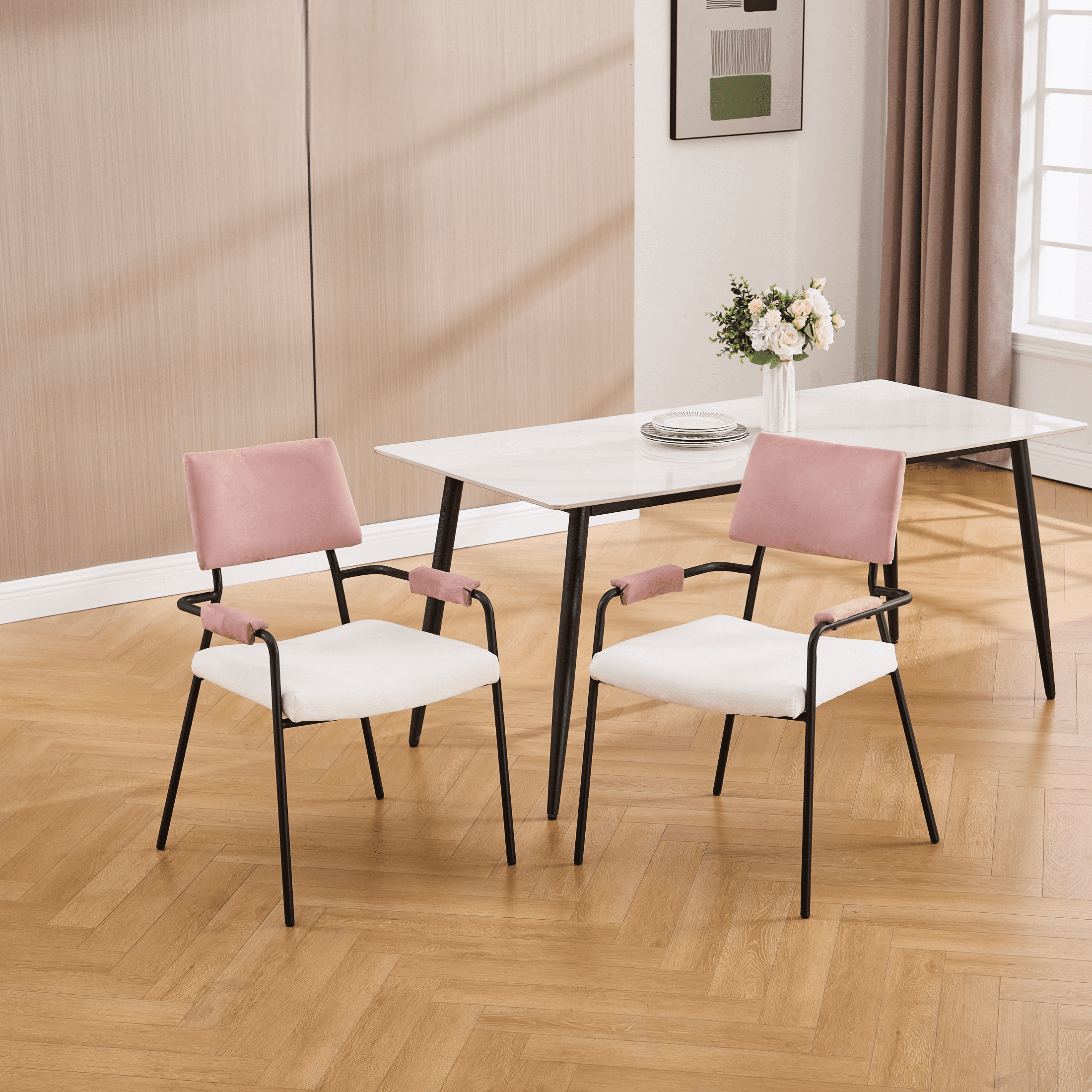 Guyou Modern Dining Chairs - Set of 2, Side Chairs with Open Back & Arms, 19" Wide Dining Room Chairs for Kitchen & cafe, Pink