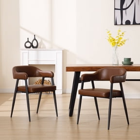 Guyou Modern Dining Room Armchairs Set of 2, Retro Faux Leather Upholstered Dining Chairs, Mid-Century Open Back Kitchen Side Chairs for Dining Room Living Room Kitchen, Brown