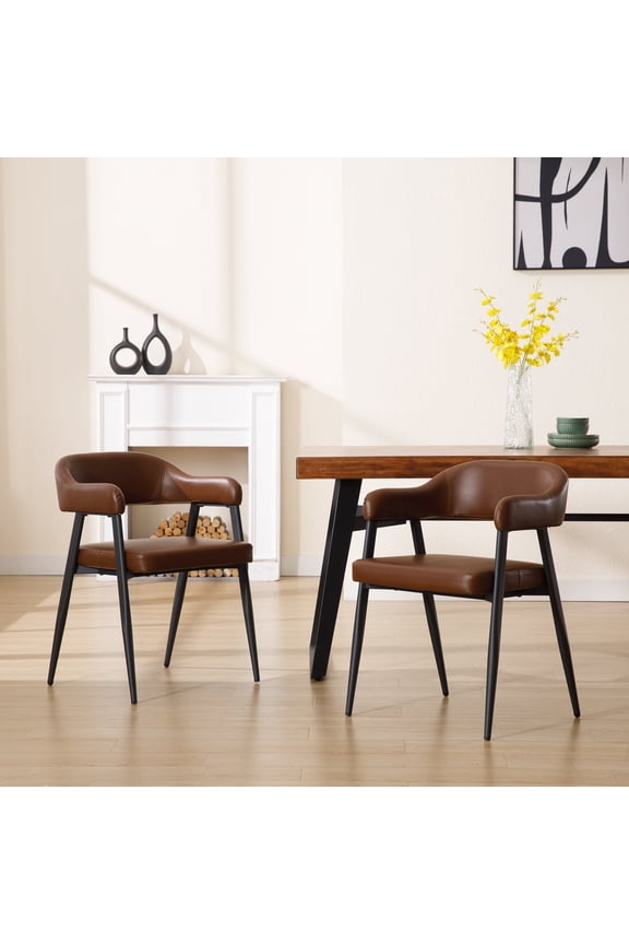 Modern Dining Room Armchairs Set of 2, Retro Faux Leather Upholstered Dining Chairs, Mid-Century Open Back Kitchen Side Chairs for Dining Room Living Room Kitchen, Brown