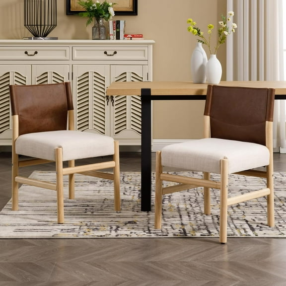 Guyou Modern Dining Room Chairs Set of 2, Farmhouse Upholstered Fabric Kitchen Chairs with Leather Back, Wooden Side Armless Chair for Kitchen and Dining, Beige Linen/Natural Finish