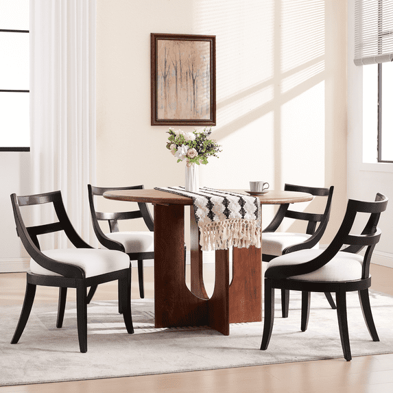 Guyou Modern Farmhouse Dining Chairs Mid Century Upholstered Dining Chair with Wooden Curved Back Kitchen Chairs for Dining Room Restaurant Cafe, Black-Linen Beige(Set of 4)