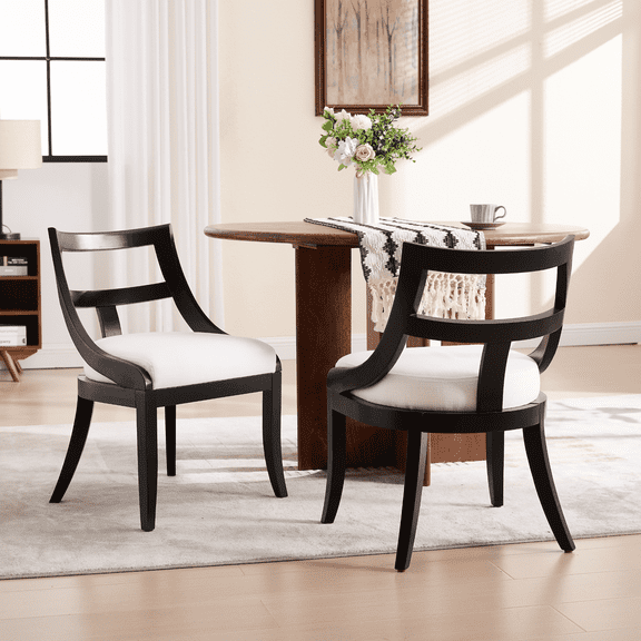 Guyou Modern Farmhouse Dining Chairs Mid Century Upholstered Dining Chair with Wooden Curved Back Kitchen Chairs for Dining Room Restaurant Cafe, Black-Linen Beige(Set of 2)
