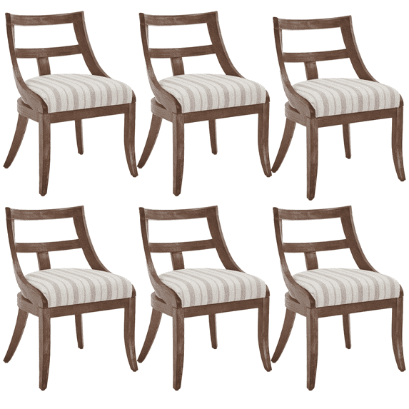 Guyou Modern Farmhouse Dining Chairs Mid Century Upholstered Dining Chair with Wooden Curved Back Kitchen Chairs for Dining Room Restaurant Cafe, Brown-Linen Stripe(Set of 6)