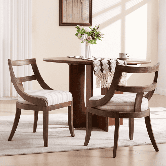 Guyou Modern Farmhouse Dining Chairs Mid Century Upholstered Dining Chair with Wooden Curved Back Kitchen Chairs for Dining Room Restaurant Cafe, Brown-Linen Stripe(Set of 2)
