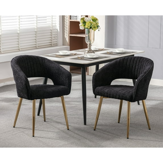 Guyou Modern Faux Fur Dining Chair Set of 2, Upholstered Accent Armchair with Hollow Back and Gold Metal Legs for Living Room Dining Room Kitchen Reception Room, Black