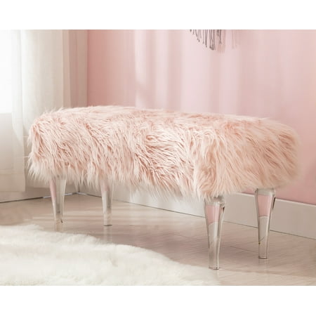 Guyou Modern Faux Fur Entryway Bench Upholstered Ottoman Bench with Clear Acrylic Legs Furry End of Bed Accent Bench Stool for Living Room Bedroom, Pink
