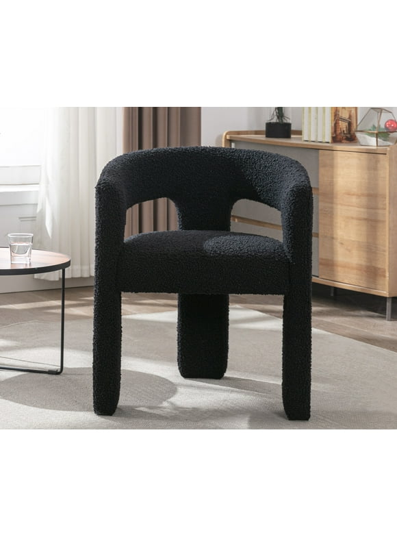 Guyou Modern Faux Fur Upholstered Dining Chair, Cute Barrel Side Armchair Kitchen Chair with Armrests and Back for Living Room Dining Room Bedroom, Black