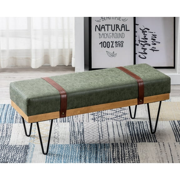 Guyou Modern Leather Rectangle Ottoman Bench with Two Straps and Metal Legs, Upholstered Bed End Bench Entryway Shoe Bench Dining Table Bench Footstool for Bedroom Living Room, Green