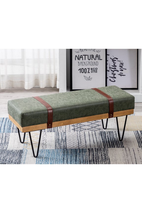 Modern Leather Rectangle Ottoman Bench with Two Straps and Metal Legs, Upholstered Bed End Bench Entryway Shoe Bench Dining Table Bench Footstool for Bedroom Living Room, Green