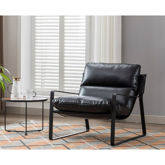 Guyou Modern Faux Leather Upholstered Accent Armchair with Metal Base, Removable Cushion Lounge Single Sofa Chair for Living Room Bedroom, Black