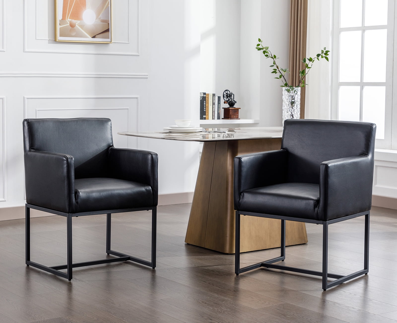 Guyou 2-Piece Faux Leather Dining Chairs with Arm, Black Metal