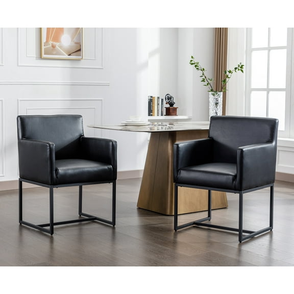 Guyou Modern Faux Leather Upholstered Dining Chairs Set of 2, Kitchen Chairs with Arm and Black Finish Metal Frame, Accent Armchair with back for Living Room Dining Room Bedroom Reception Room, Black