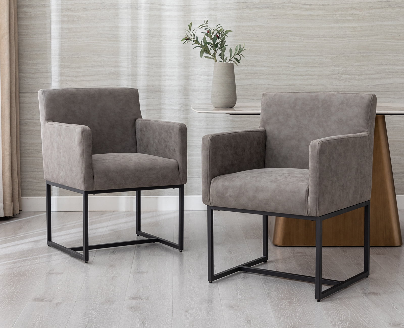 Guyou Modern Faux Leather Upholstered Dining Chairs Set of 2, Kitchen Chairs with Arm and Black Finish Metal Frame, Accent Armchair with back for Living Room Dining Room Bedroom Reception Room, Gray