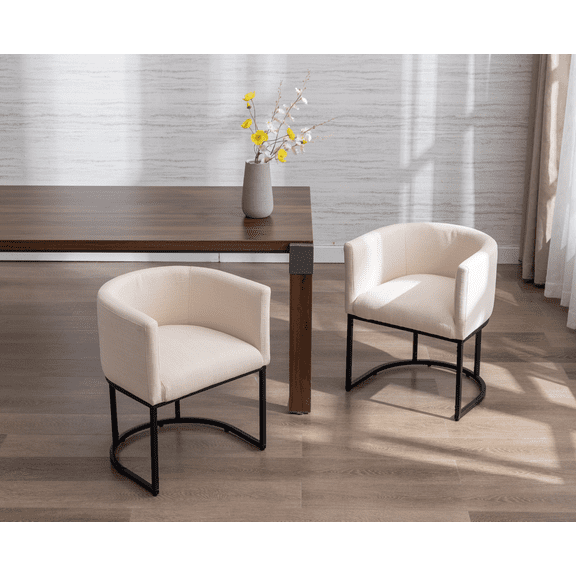 Guyou Modern Linen Dining Chair Set of 2, Mid-century Upholstered Barrel Kitchen Chairs Fabric Side Chair with Metal Legs and Curved Back for Living Room Dining Room Bedroom, Cream
