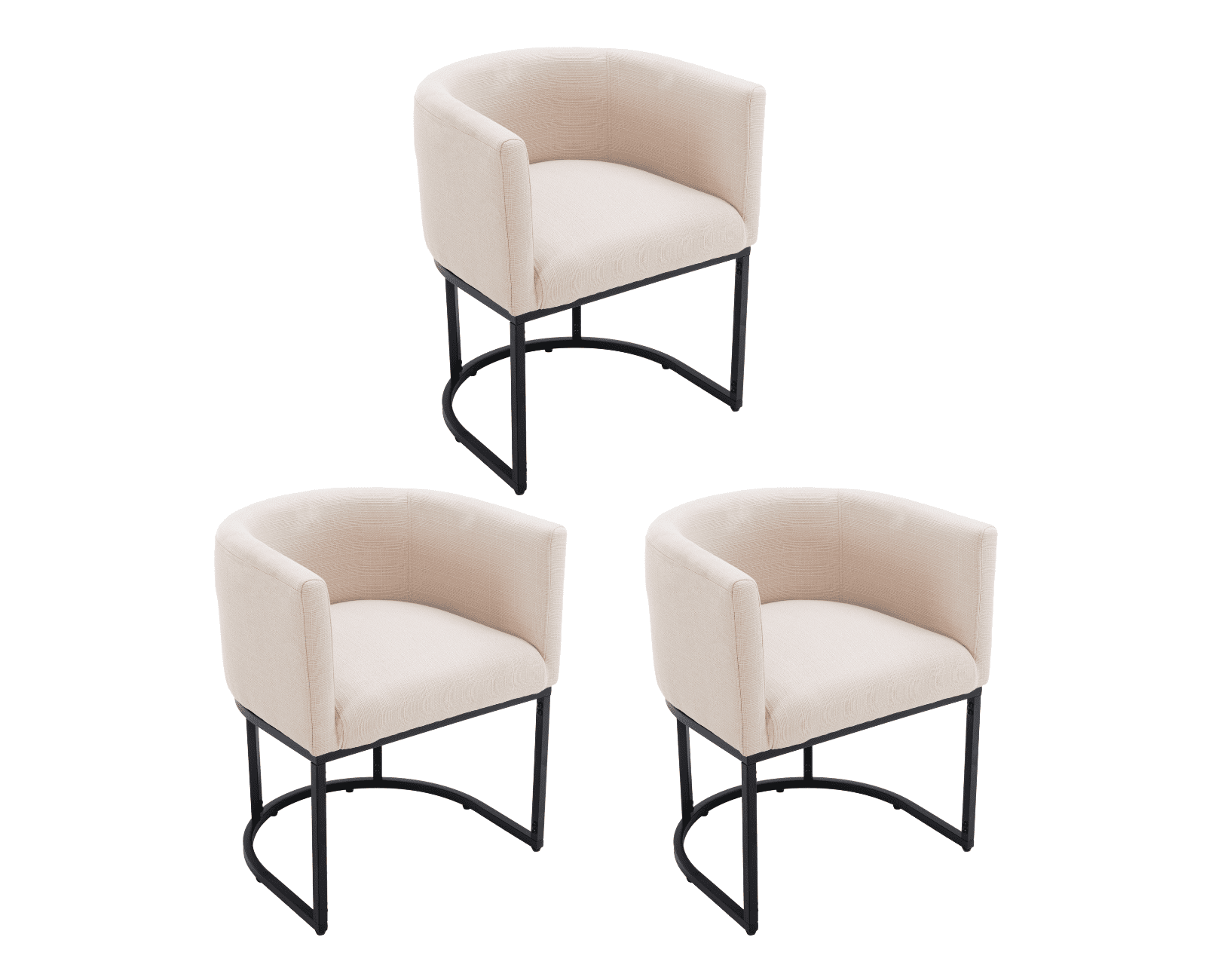 Guyou Modern Linen Dining Chair Set of 3, Mid-century Upholstered Barrel Kitchen Chairs Fabric Side Chair with Metal Legs and Curved Back for Living Room Dining Room Bedroom, Cream
