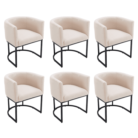 Guyou Modern Linen Dining Chair Set of 6, Mid-century Upholstered Barrel Kitchen Chairs Fabric Side Chair with Metal Legs and Curved Back for Living Room Dining Room Bedroom, Cream
