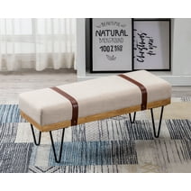 Guyou Modern Linen Rectangle Ottoman Bench with Two Straps and Metal Legs, Upholstered Bed End Bench Entryway Shoe Bench Dining Table Bench Footstool for Bedroom Living Room, Beige