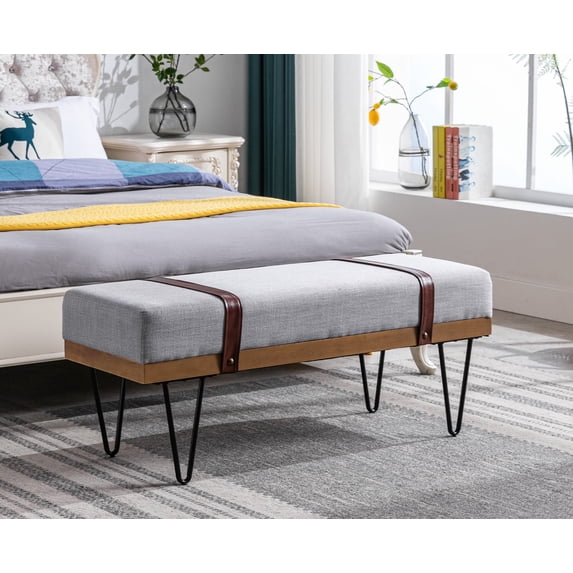 Guyou Modern Linen Rectangle Ottoman Bench with Two Straps and Metal Legs, Upholstered Bed End Bench Entryway Shoe Bench Dining Table Bench Footstool for Bedroom Living Room, Grey