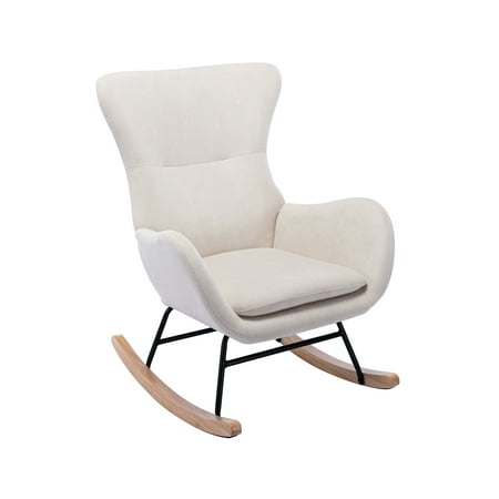Guyou Modern Linen Wingback Rocking Chair, Upholstered Accent Glider, Cream
