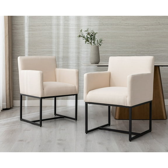 Guyou Modern Linen Upholstered Dining Chairs Set of 2, Kitchen Chairs with Arm and Black Finish Metal Frame, Accent Armchair with back for Living Room Dining Room Bedroom Reception Room, Cream