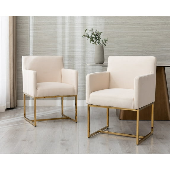 Guyou Modern Linen Upholstered Dining Chairs Set of 2, Kitchen Chairs with Arm and Gold Finish Metal Frame, Accent Armchair with back for Living Room Dining Room Bedroom Reception Room, Cream