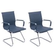 Guyou Modern Mid Back Office Guest Chair Set of 2, Faux Leather Reception Chair Computer Chair with Armrests and Metal Sled Base for Meeting/Waiting/Conference Room, No Wheels, Navy