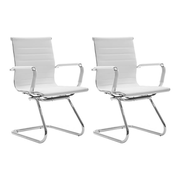 Guyou Modern Mid Back Office Guest Chair Set of 2, Faux Leather Reception Chair Computer Chair with Armrests and Metal Sled Base for Meeting/Waiting/Conference Room, No Wheels, White