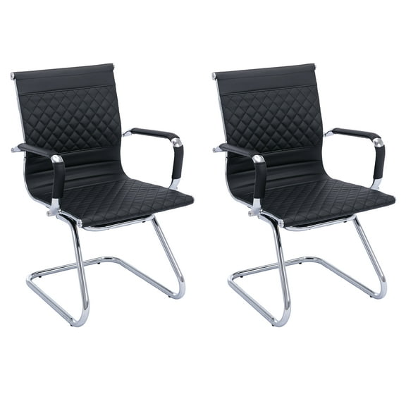Guyou Modern Mid Back Office Guest Chair Set of 2, Faux Leather Reception Chair Computer Chair with Armrests and Metal Sled Base for Meeting/Waiting/Conference Room, No Wheels, Black