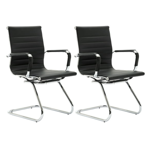 Guyou Modern Mid Back Office Guest Chair Set of 2, Faux Leather Reception Chair Computer Chair with Armrests and Metal Sled Base for Meeting/Waiting/Conference Room, No Wheels, Black