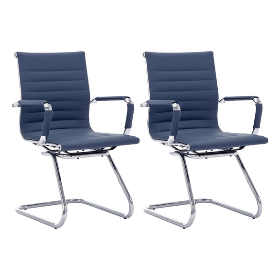 Guyou Modern Mid Back Office Guest Chair Set of 2, Faux Leather Reception Chair Computer Chair with Armrests and Metal Sled Base for Meeting/Waiting/Conference Room, No Wheels, Blue