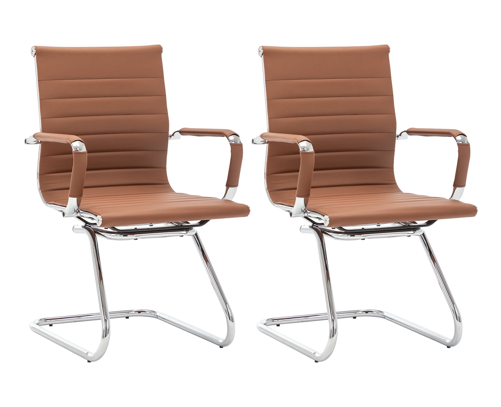 Guyou Modern Mid Back Office Guest Chair Set of 2, Faux Leather Reception Chair Computer Chair with Armrests and Metal Sled Base for Meeting/Waiting/Conference Room, No Wheels, Coffee