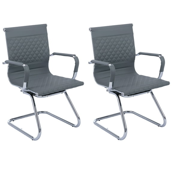 Guyou Modern Mid Back Office Guest Chair Set of 2, Faux Leather Reception Chair Computer Chair with Armrests and Metal Sled Base for Meeting/Waiting/Conference Room, No Wheels, Grey