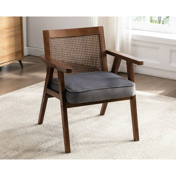 Guyou Modern Rattan Accent Chair, Mid-century French Farmhouse Upholstered Solid Wood Armchair Reading Chair, Retro Dining Chair with Woven Back and Walnut Base, Gray Fabric
