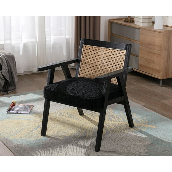 Guyou Modern Rattan Accent Chair, Mid-century French Farmhouse Upholstered Solid Wood Armchair Reading Chair, Retro Dining Chair with Woven Back and Black Base, Black Fabric