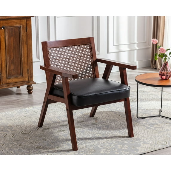 Guyou Modern Rattan Accent Chair, Mid-century French Farmhouse Upholstered Solid Wood Armchair Reading Chair, Retro Dining Chair with Woven Back and Brown Base, Black Fabric