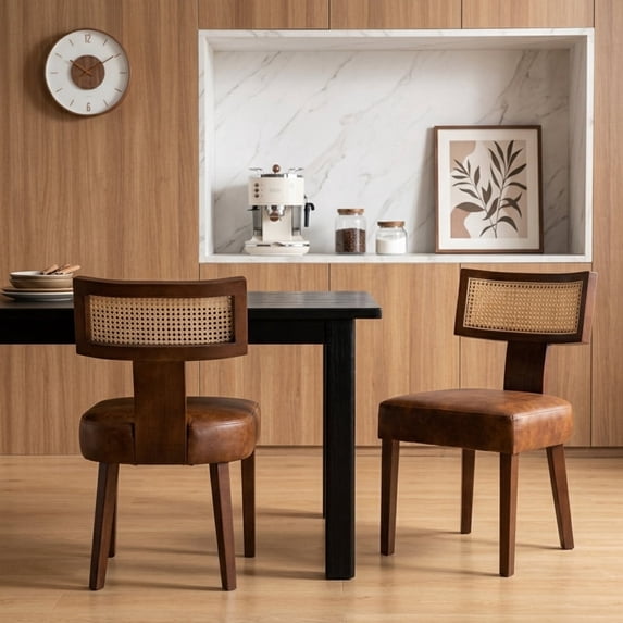 Guyou Modern Rattan Backrest Dining Chairs Set of 2, Mid-century Farmhouse Faux Leather Upholstered Kitchen Chairs Solid Wood Side Chairs for Kitchen Dining Room Living Room, Brown