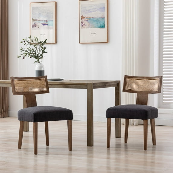 Guyou Modern Rattan Backrest Dining Chairs Set of 2, Mid-century Farmhouse Linen Upholstered Kitchen Chairs Solid Wood Side Chairs for Kitchen Dining Room Living Room, Charcoal