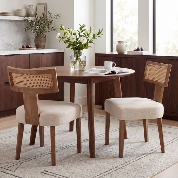 Guyou Modern Rattan Backrest Dining Chairs Set of 2, Mid-century Farmhouse Linen Upholstered Kitchen Chairs Solid Wood Side Chairs for Kitchen Dining Room Living Room, Beige
