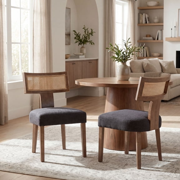 Guyou Modern Rattan Backrest Dining Chairs Set of 2, Mid-century Farmhouse Linen Upholstered Kitchen Chairs Solid Wood Side Chairs for Kitchen Dining Room Living Room, Charcoal