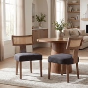 Guyou Modern Rattan Backrest Dining Chairs Set of 2, Mid-century Farmhouse Linen Upholstered Kitchen Chairs Solid Wood Side Chairs for Kitchen Dining Room Living Room, Charcoal