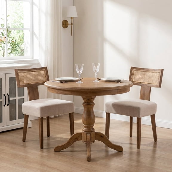 Guyou Modern Rattan Backrest Dining Chairs Set of 2, Mid-century Farmhouse Linen Upholstered Kitchen Chairs Solid Wood Side Chairs for Kitchen Dining Room Living Room, Beige