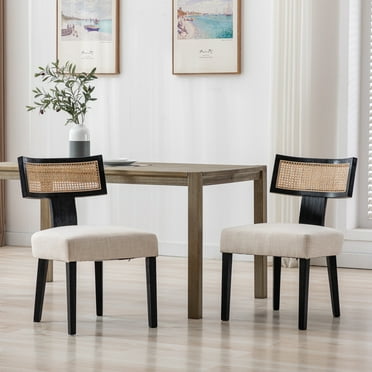 Guyou Modern Rattan Backrest Dining Chairs Set of 2, Mid-century Farmhouse Linen Upholstered Kitchen Chairs Solid Wood Side Chairs for Kitchen Dining Room Living Room, Beige