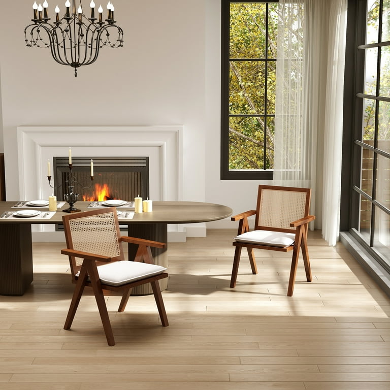 Guyou 2-Piece Natural Rattan Dining Chair Set, Wooden Arm Mid