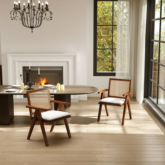 Guyou Modern Rattan Dining Chair Set of 2, Mid-century French Farmhouse Upholstered Solid Wood Armchair Reading Chair, Retro Accent Chair with Woven Back and Walnut Base, Beige Fabric