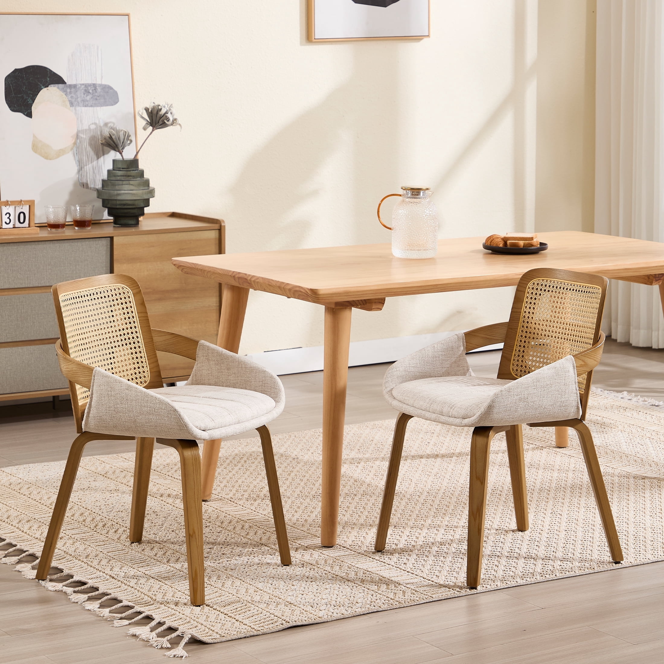 Guyou Modern Rattan Dining Chair Set of 2, Solid Wood Dining Side Chairs, Linen Upholstered Kitchen Chairs with Armrests for Kitchen Dining Room Living Room, Beige