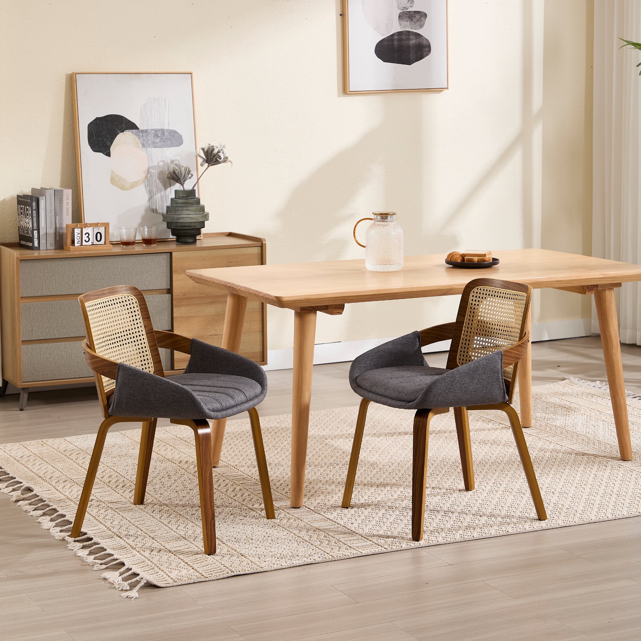 Guyou Modern Rattan Dining Chair Set of 2, Solid Wood Dining Side Chairs, Linen Upholstered Kitchen Chairs with Armrests for Kitchen Dining Room Living Room, Grey