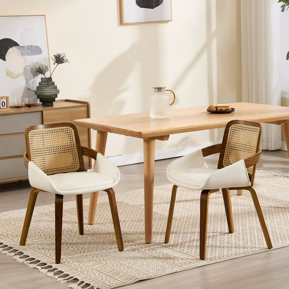 Guyou Modern Rattan Dining Chair Set of 2, Solid Wood Dining Side Chairs, PU Upholstered Kitchen Chairs with Armrests for Kitchen Dining Room Living Room, White